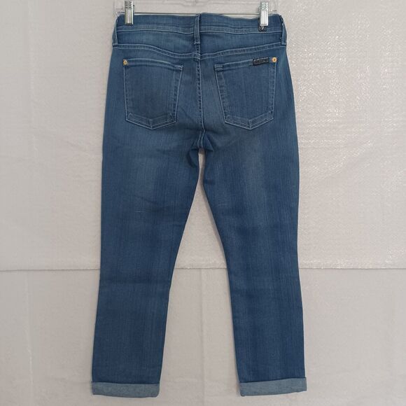 7 for All Mankind Size 27 THE SKINNY CROP & ROLL Medium Wash Cuffed Denim Jeans - Picture 2 of 7